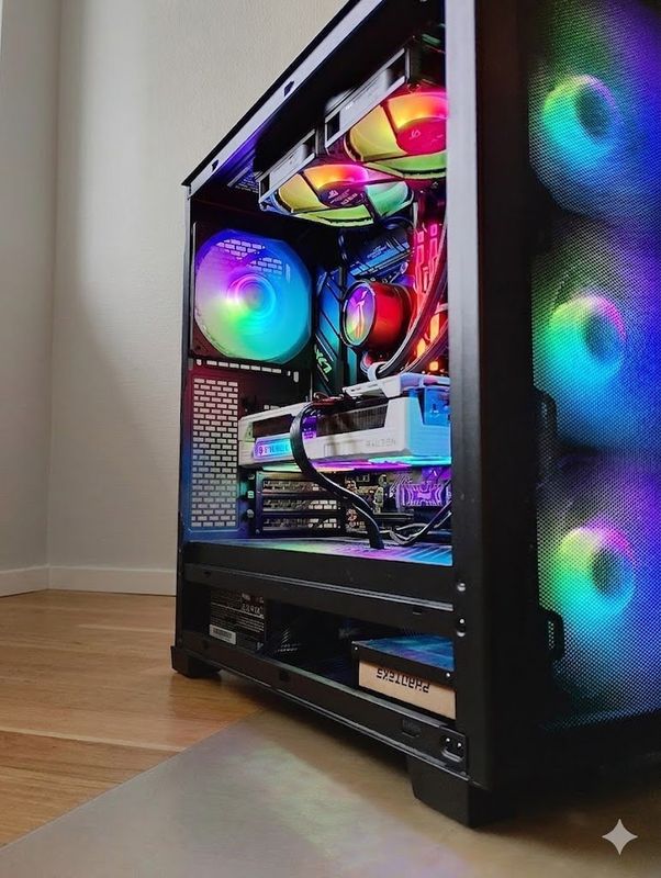 Ferdigbygget custom gaming-PC med RGB-belysning